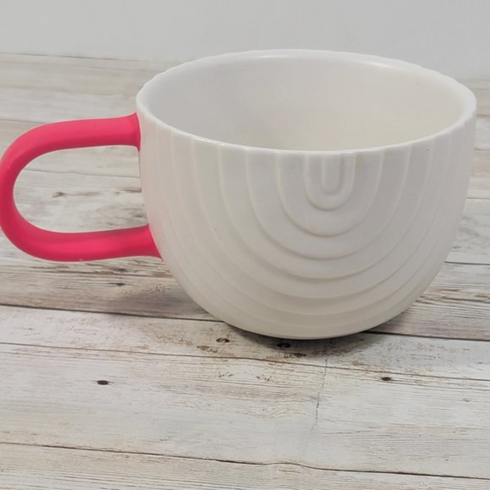 Starbucks 2018 Valentine 12 oz Rainbow White Coffee Mug with Hot Pink Handle